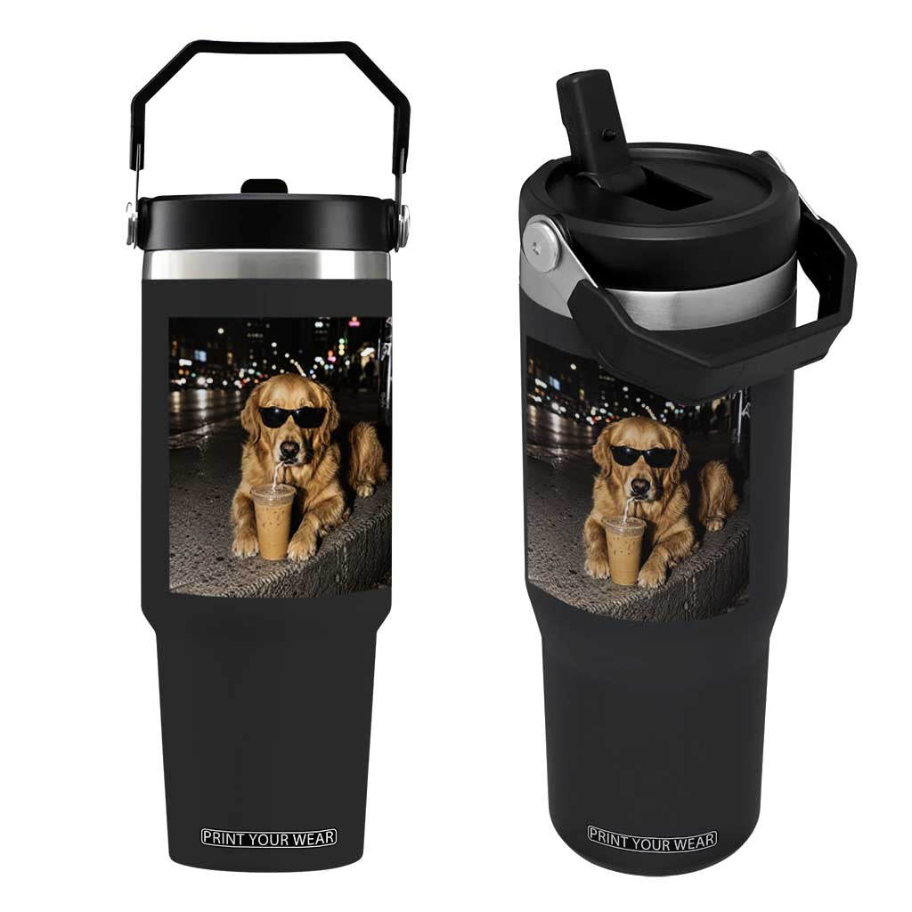 Funny Golden Retriever Iced Coffee Flip Straw Tumbler Grunge Silly Meme Graphic Funny Dog Lover TS10 One Size: 30 oz Black Print Your Wear