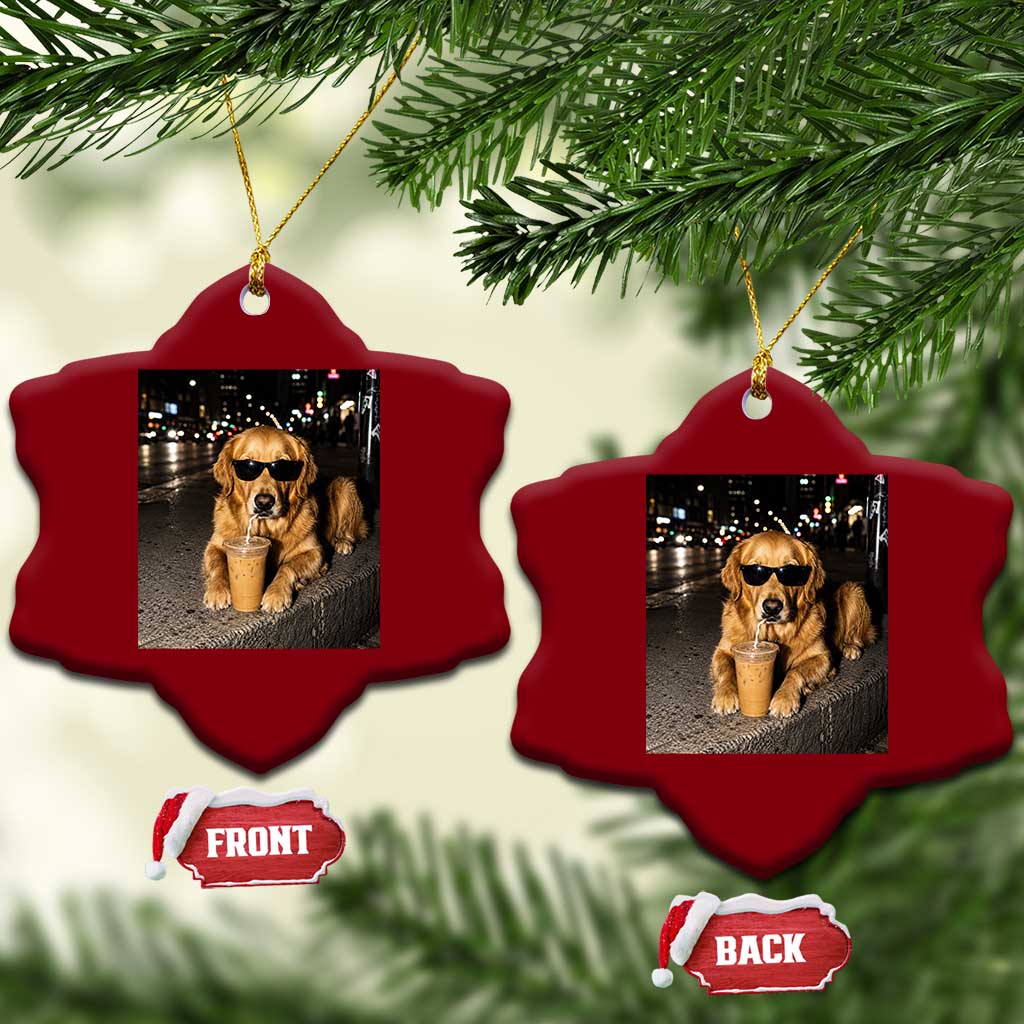 Funny Golden Retriever Iced Coffee Ceramic Ornament Grunge Silly Meme Graphic Funny Dog Lover