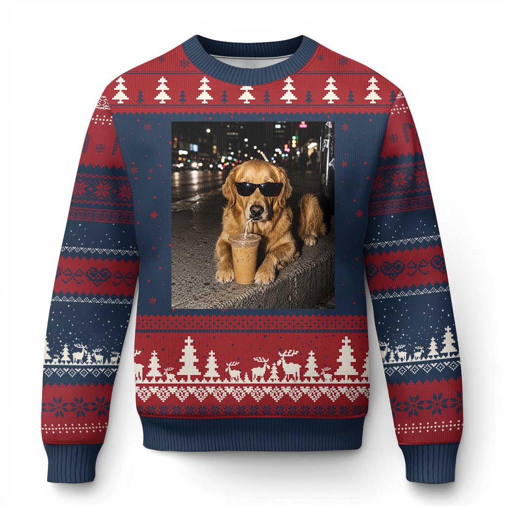 Funny Golden Retriever Iced Coffee Ugly Christmas Sweater Grunge Silly Meme Graphic Funny Dog Lover TS10 Navy Red Print Your Wear