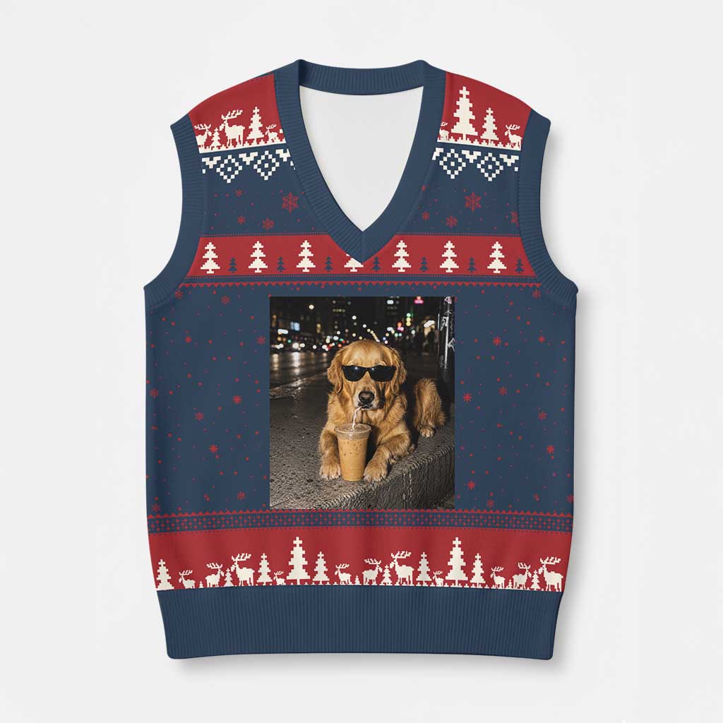 Funny Golden Retriever Iced Coffee V-Neck Knit Sweater Vest Grunge Silly Meme Graphic Funny Dog Lover TS10 Navy Red Print Your Wear