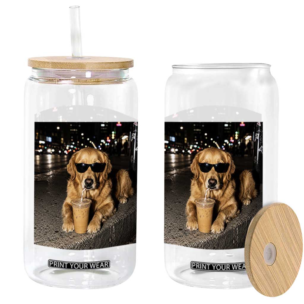 Funny Golden Retriever Iced Coffee Glass Can Grunge Silly Meme Graphic Funny Dog Lover