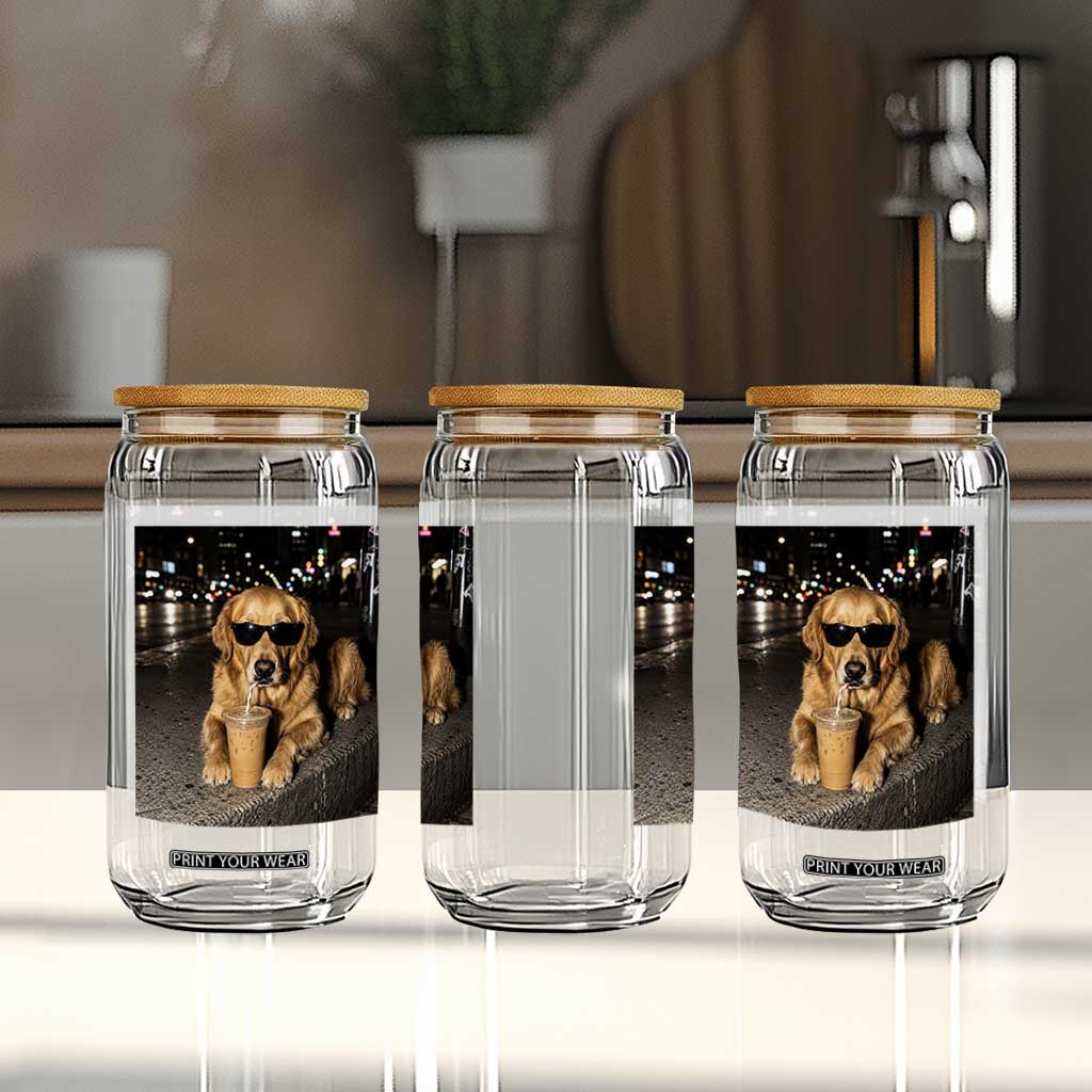 Funny Golden Retriever Iced Coffee Glass Can Grunge Silly Meme Graphic Funny Dog Lover