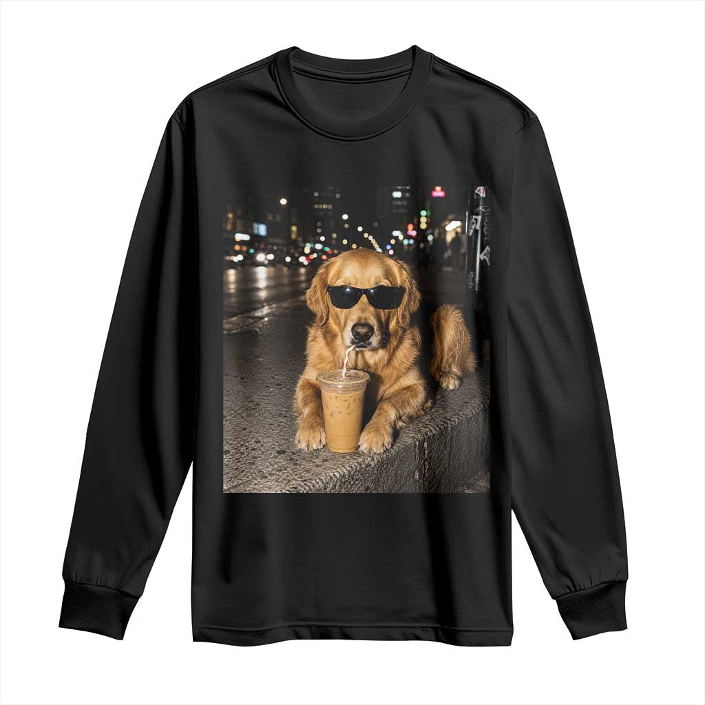 Funny Golden Retriever Iced Coffee Long Sleeve Shirt Grunge Silly Meme Graphic Funny Dog Lover TS10 Black Print Your Wear