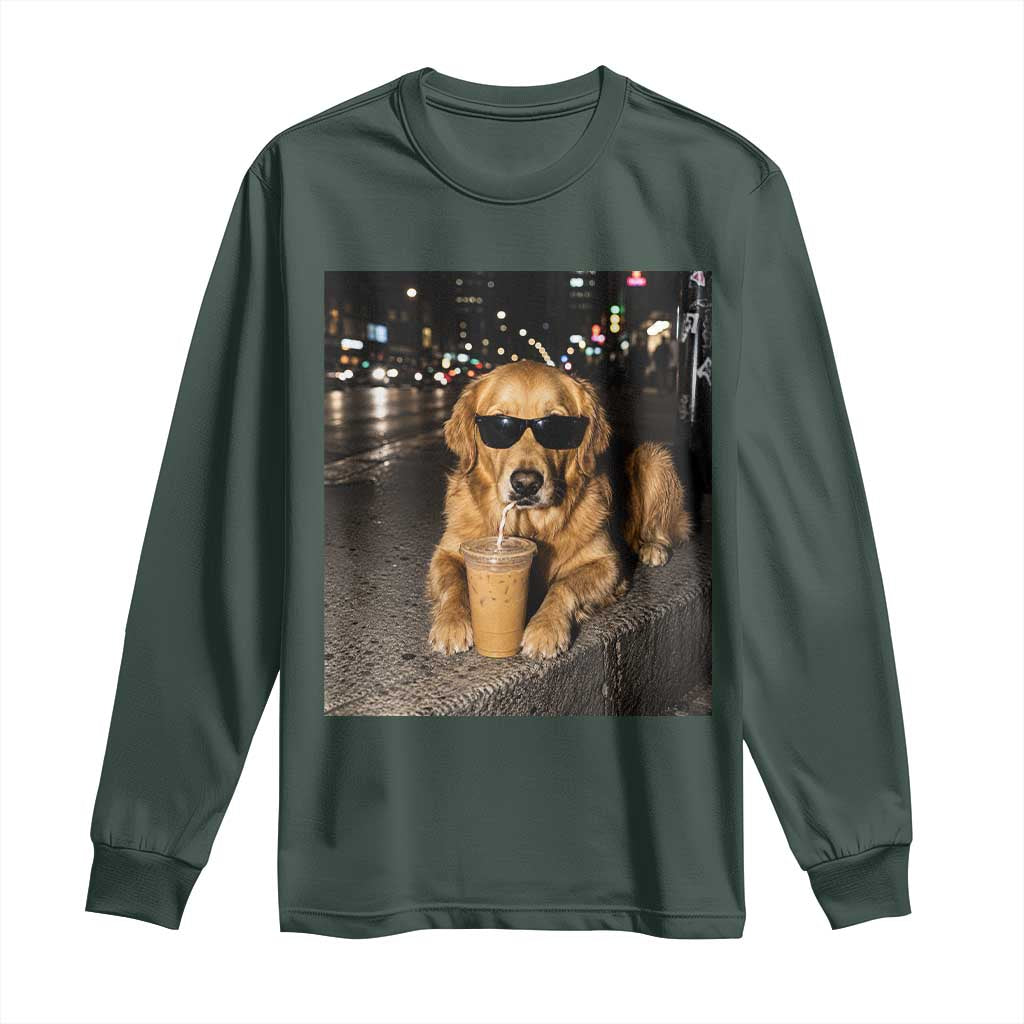 Funny Golden Retriever Iced Coffee Long Sleeve Shirt Grunge Silly Meme Graphic Funny Dog Lover