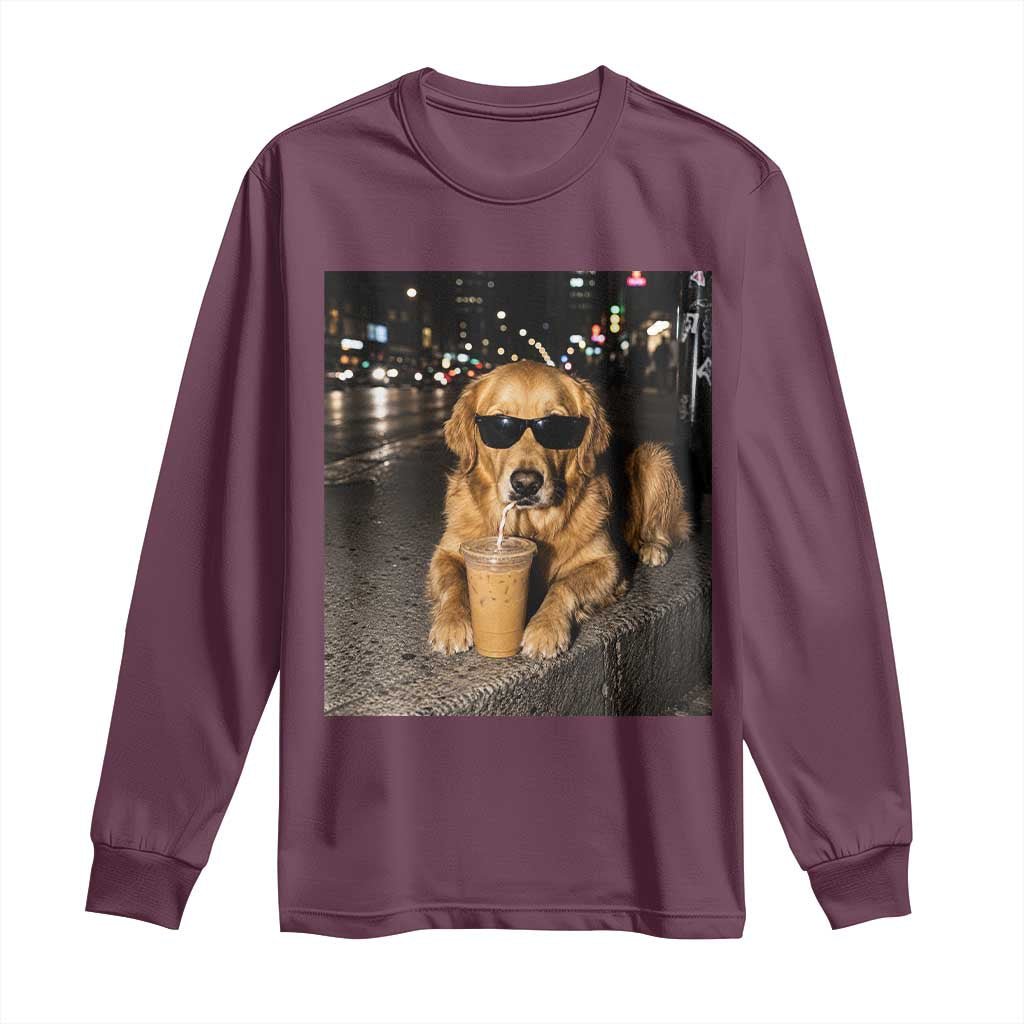 Funny Golden Retriever Iced Coffee Long Sleeve Shirt Grunge Silly Meme Graphic Funny Dog Lover