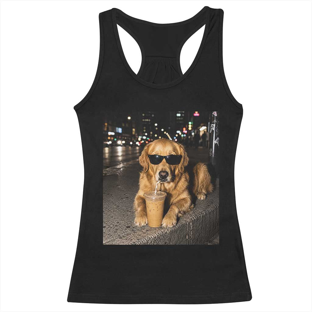 Funny Golden Retriever Iced Coffee Racerback Tank Top Grunge Silly Meme Graphic Funny Dog Lover