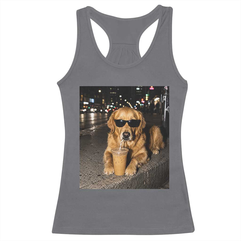 Funny Golden Retriever Iced Coffee Racerback Tank Top Grunge Silly Meme Graphic Funny Dog Lover