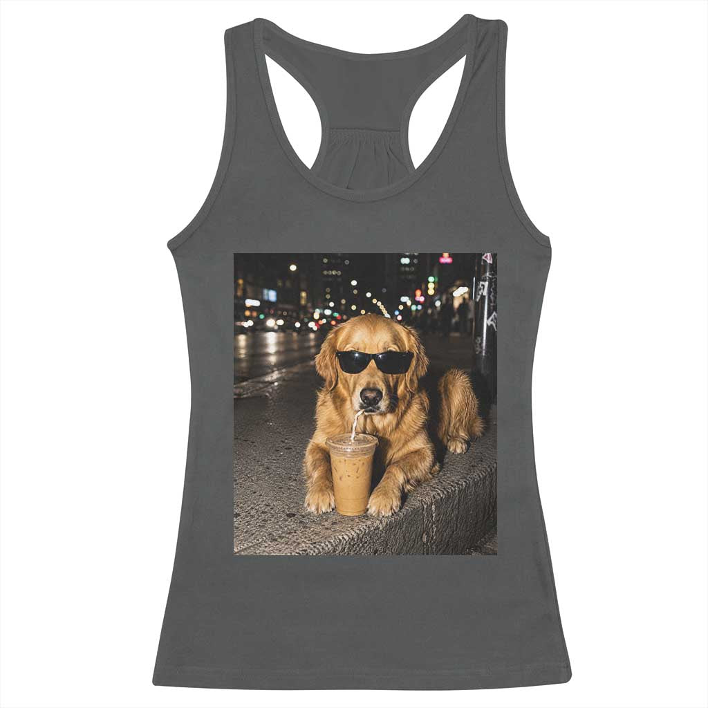 Funny Golden Retriever Iced Coffee Racerback Tank Top Grunge Silly Meme Graphic Funny Dog Lover