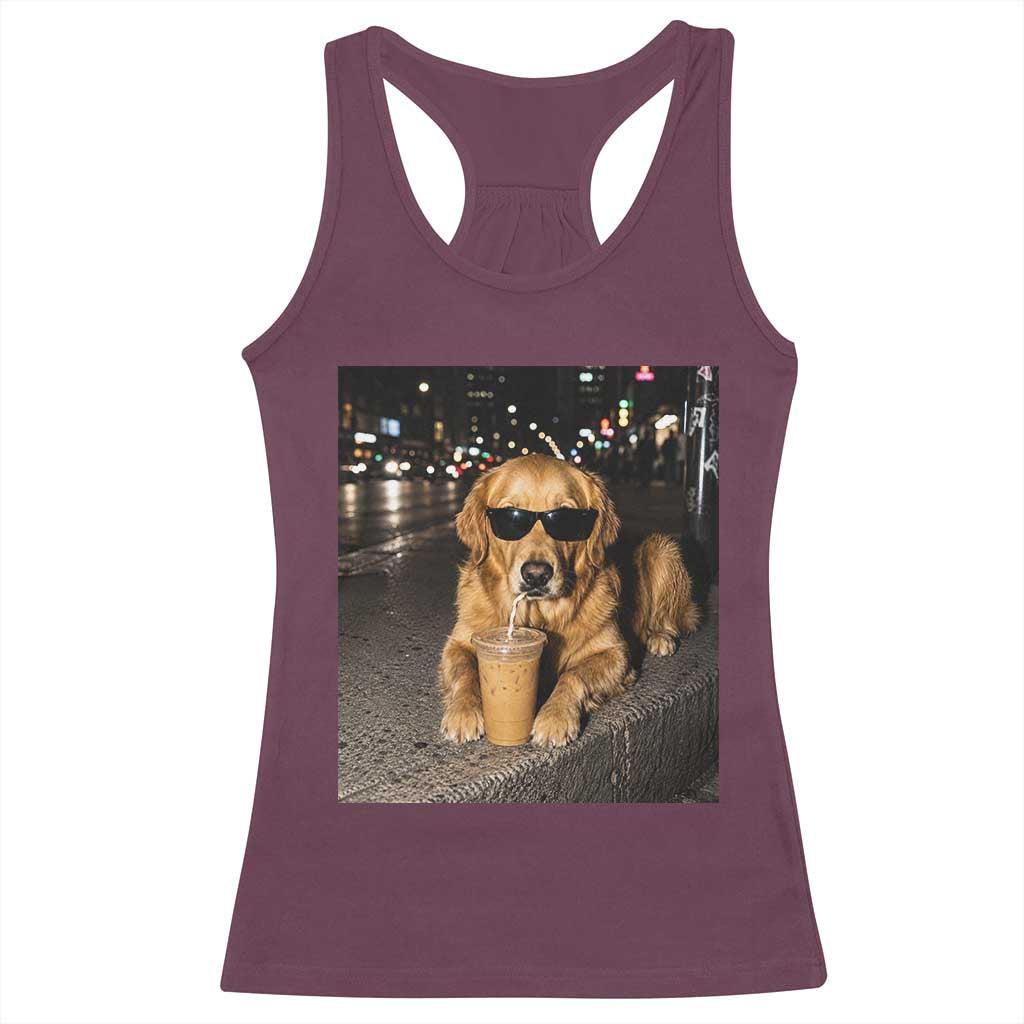 Funny Golden Retriever Iced Coffee Racerback Tank Top Grunge Silly Meme Graphic Funny Dog Lover