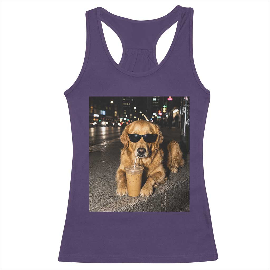 Funny Golden Retriever Iced Coffee Racerback Tank Top Grunge Silly Meme Graphic Funny Dog Lover
