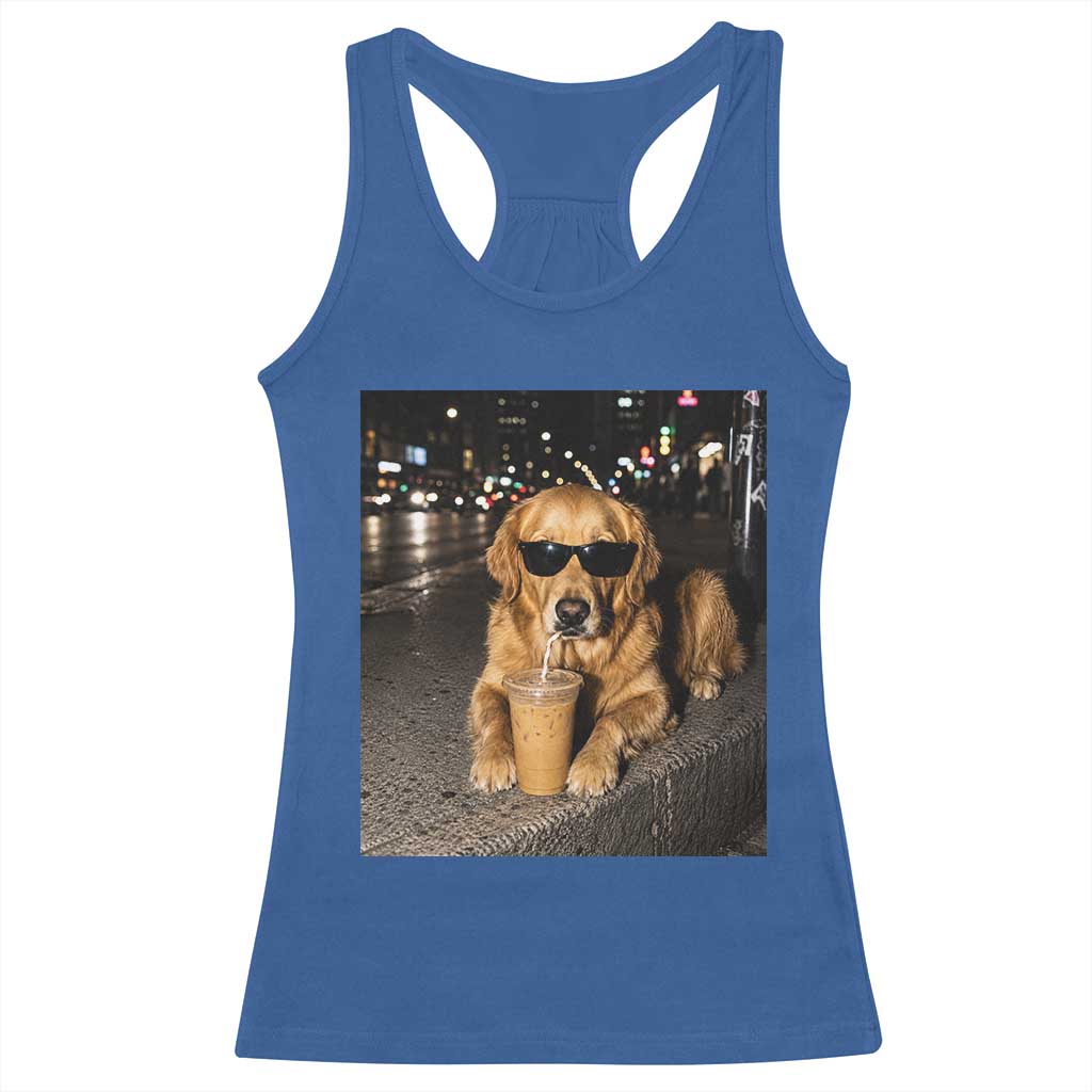 Funny Golden Retriever Iced Coffee Racerback Tank Top Grunge Silly Meme Graphic Funny Dog Lover