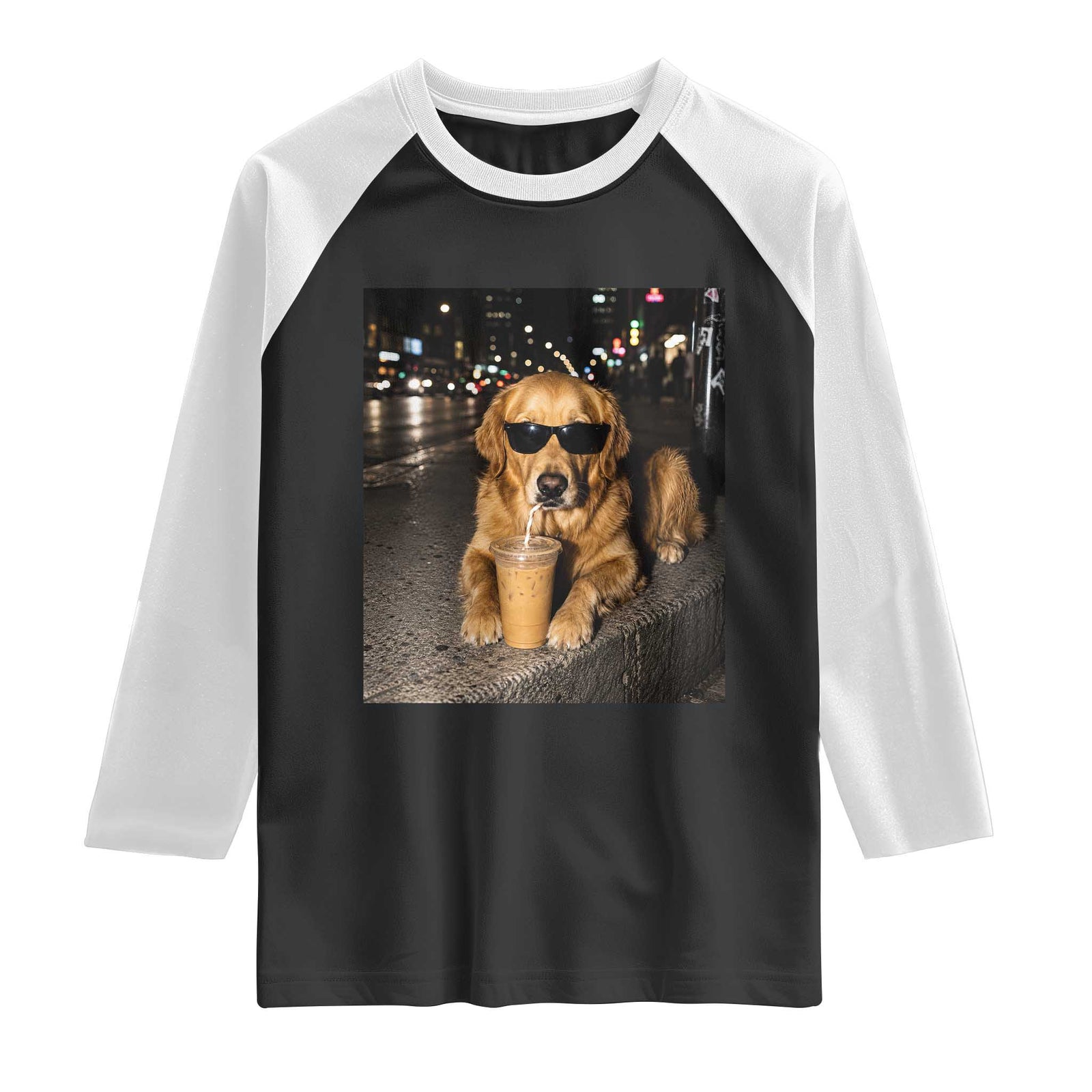 Funny Golden Retriever Iced Coffee Raglan Shirt Grunge Silly Meme Graphic Funny Dog Lover TS10 Black White Print Your Wear