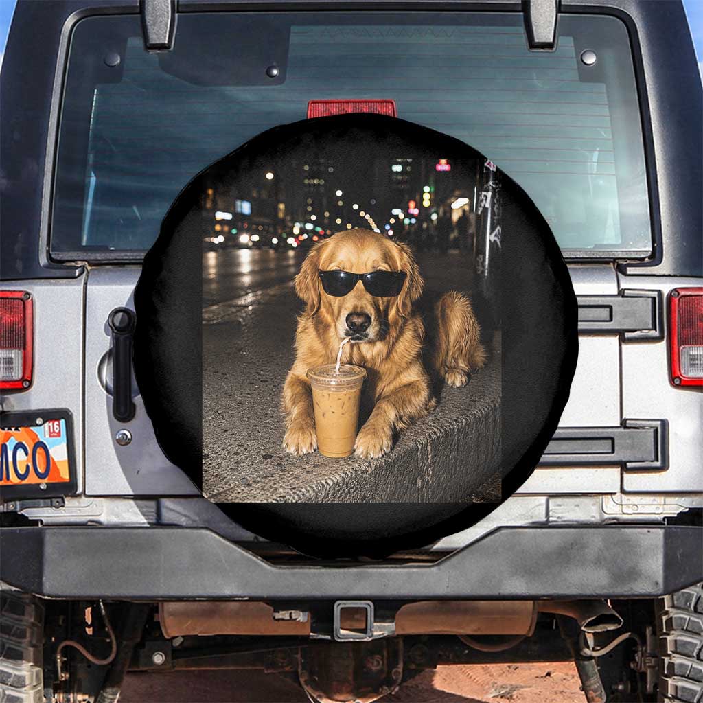 Funny Golden Retriever Iced Coffee Spare Tire Cover Grunge Silly Meme Graphic Funny Dog Lover TS10 No hole Black Print Your Wear
