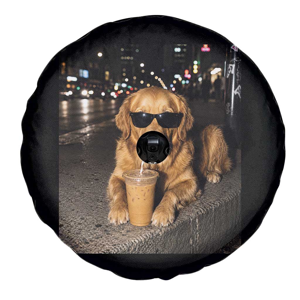 Funny Golden Retriever Iced Coffee Spare Tire Cover Grunge Silly Meme Graphic Funny Dog Lover