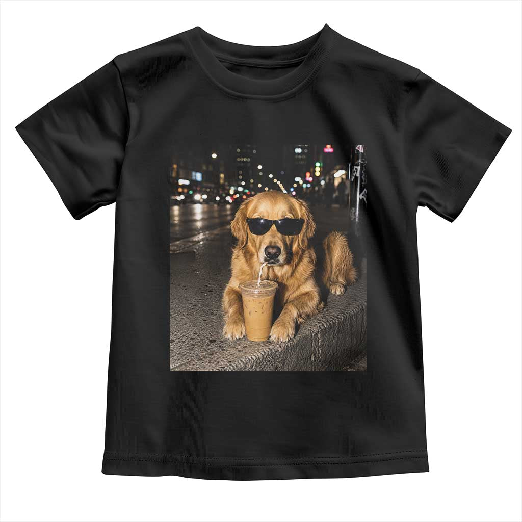 Funny Golden Retriever Iced Coffee Toddler T Shirt Grunge Silly Meme Graphic Funny Dog Lover TS10 Black Print Your Wear