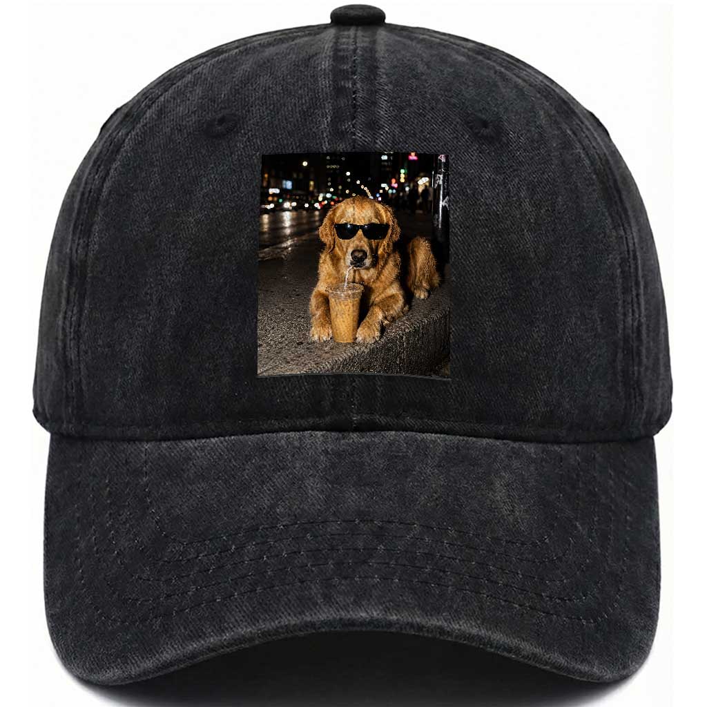 Funny Golden Retriever Iced Coffee Washed Cotton Baseball Cap Grunge Silly Meme Graphic Funny Dog Lover TS10 Print Your Wear