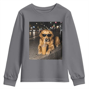 Funny Golden Retriever Iced Coffee Youth Sweatshirt Grunge Silly Meme Graphic Funny Dog Lover