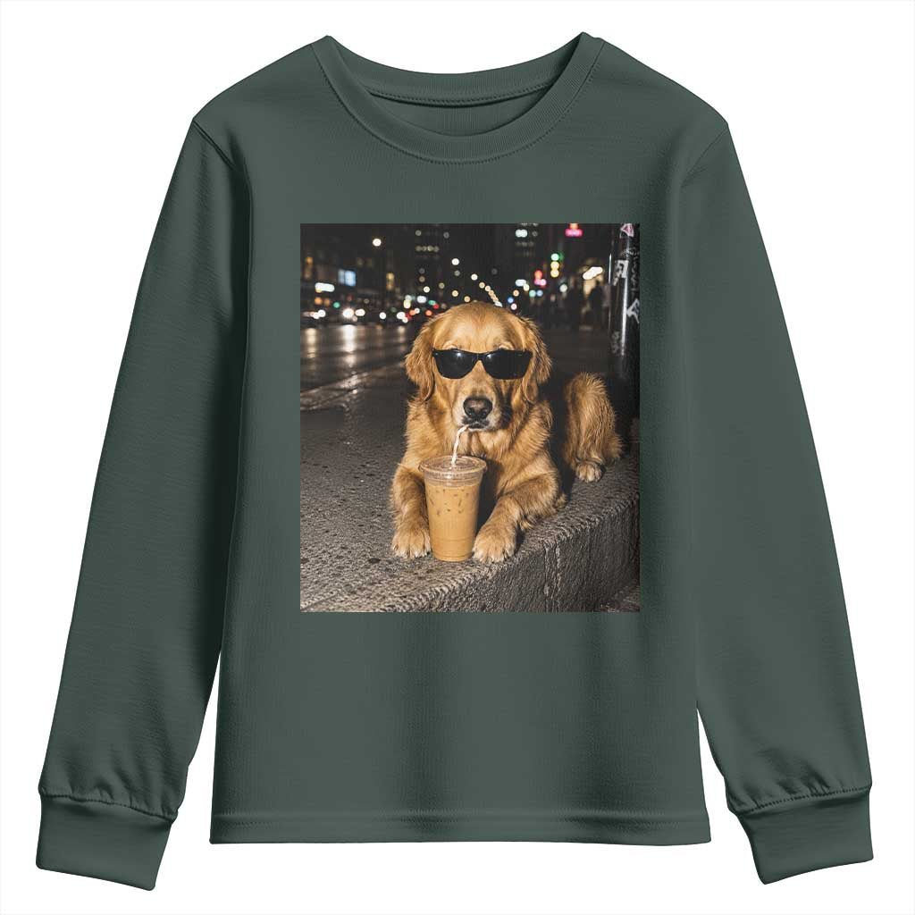 Funny Golden Retriever Iced Coffee Youth Sweatshirt Grunge Silly Meme Graphic Funny Dog Lover