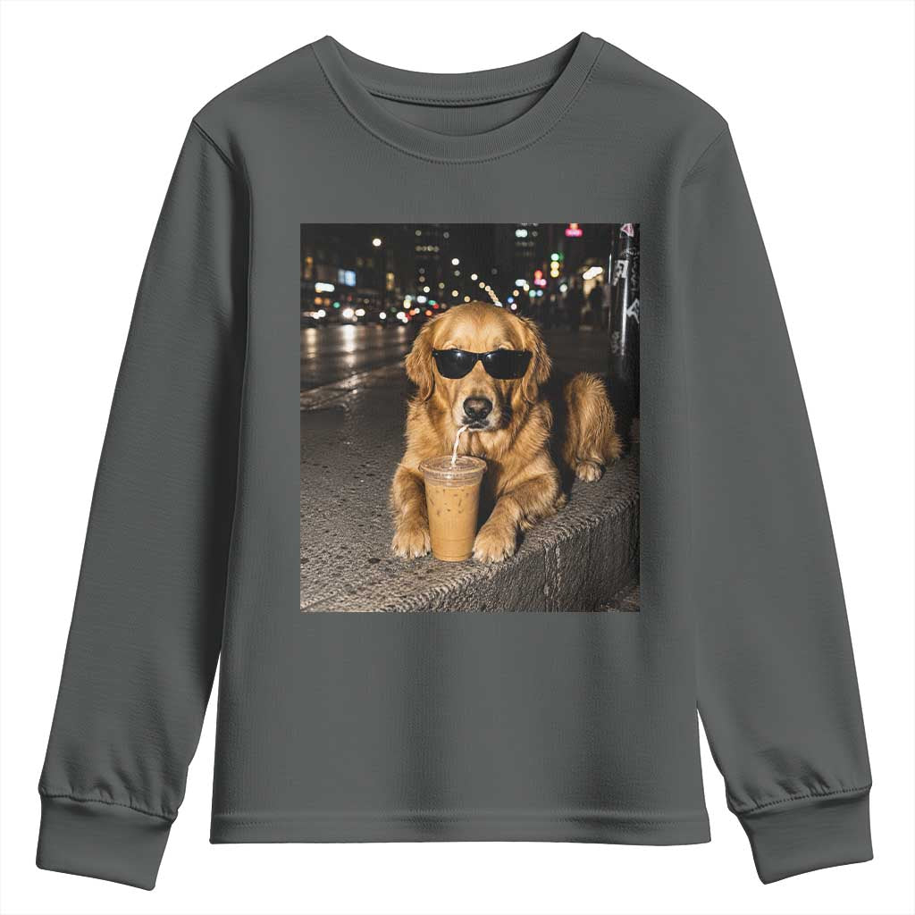 Funny Golden Retriever Iced Coffee Youth Sweatshirt Grunge Silly Meme Graphic Funny Dog Lover