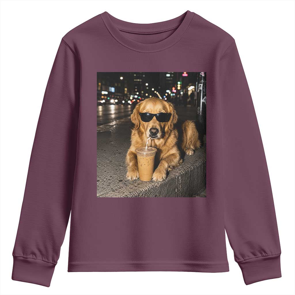 Funny Golden Retriever Iced Coffee Youth Sweatshirt Grunge Silly Meme Graphic Funny Dog Lover