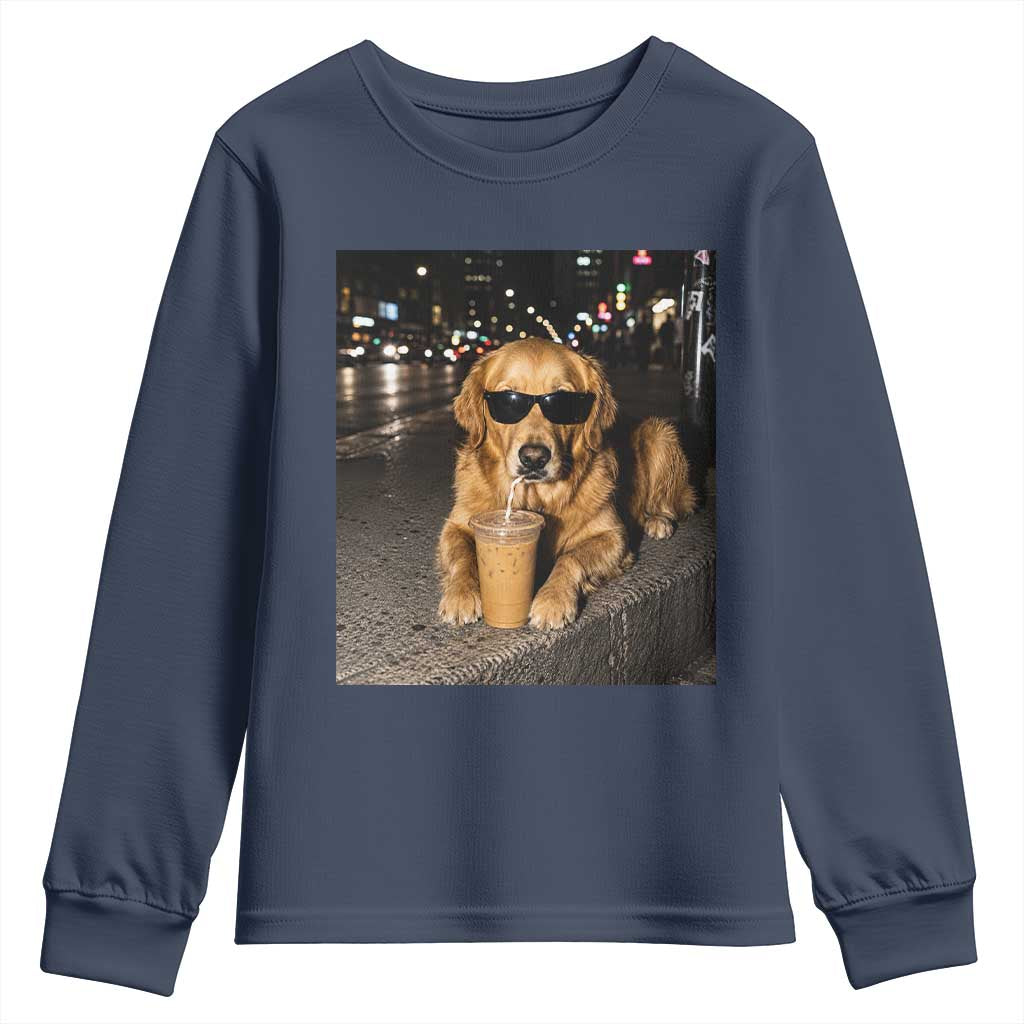 Funny Golden Retriever Iced Coffee Youth Sweatshirt Grunge Silly Meme Graphic Funny Dog Lover