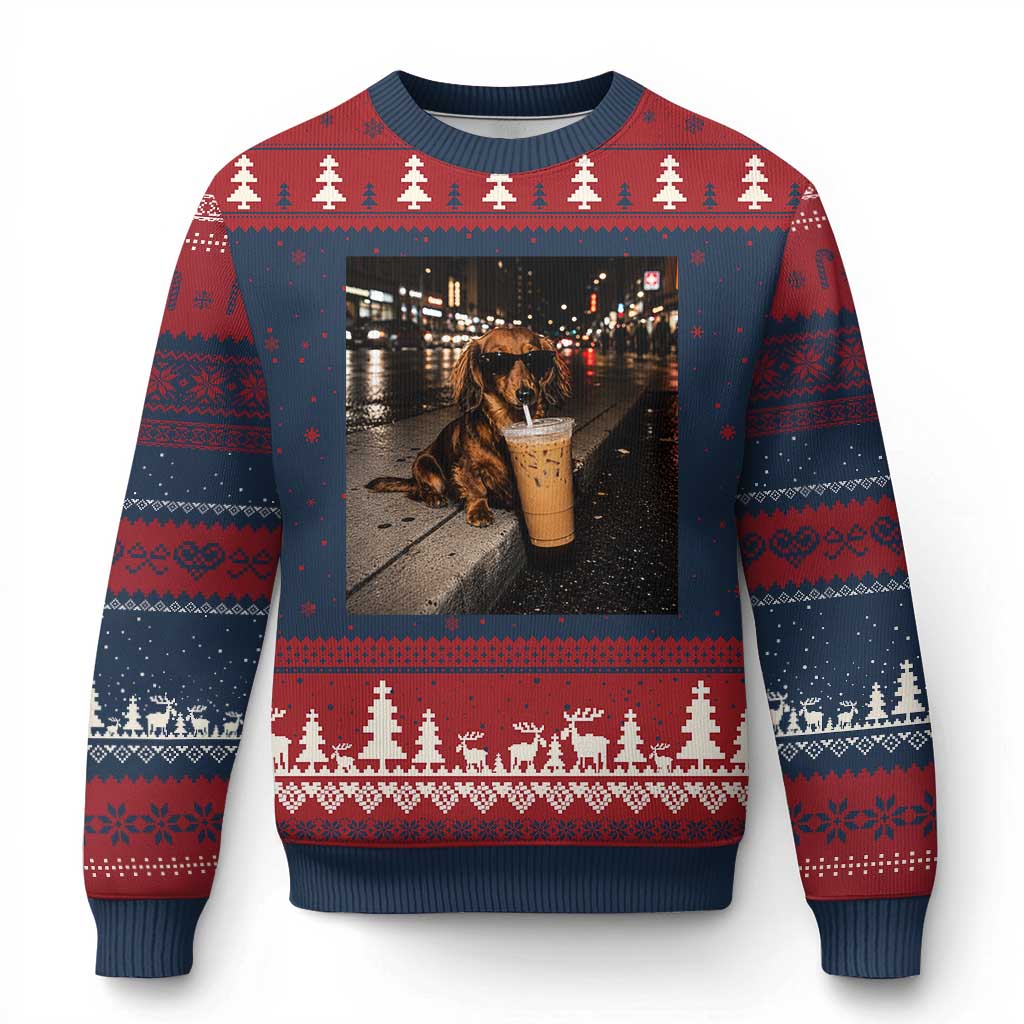 Dachshund Iced Coffee Ugly Christmas Sweater Grunge Meme Graphic Funny Weiner Dog Lovers Dad