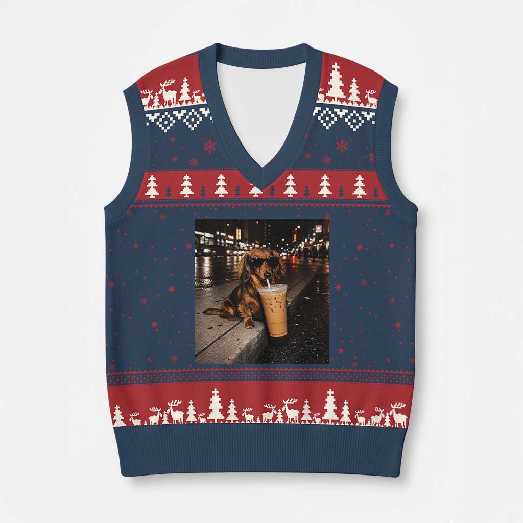 Dachshund Iced Coffee V-Neck Knit Sweater Vest Grunge Meme Graphic Funny Weiner Dog Lovers Dad
