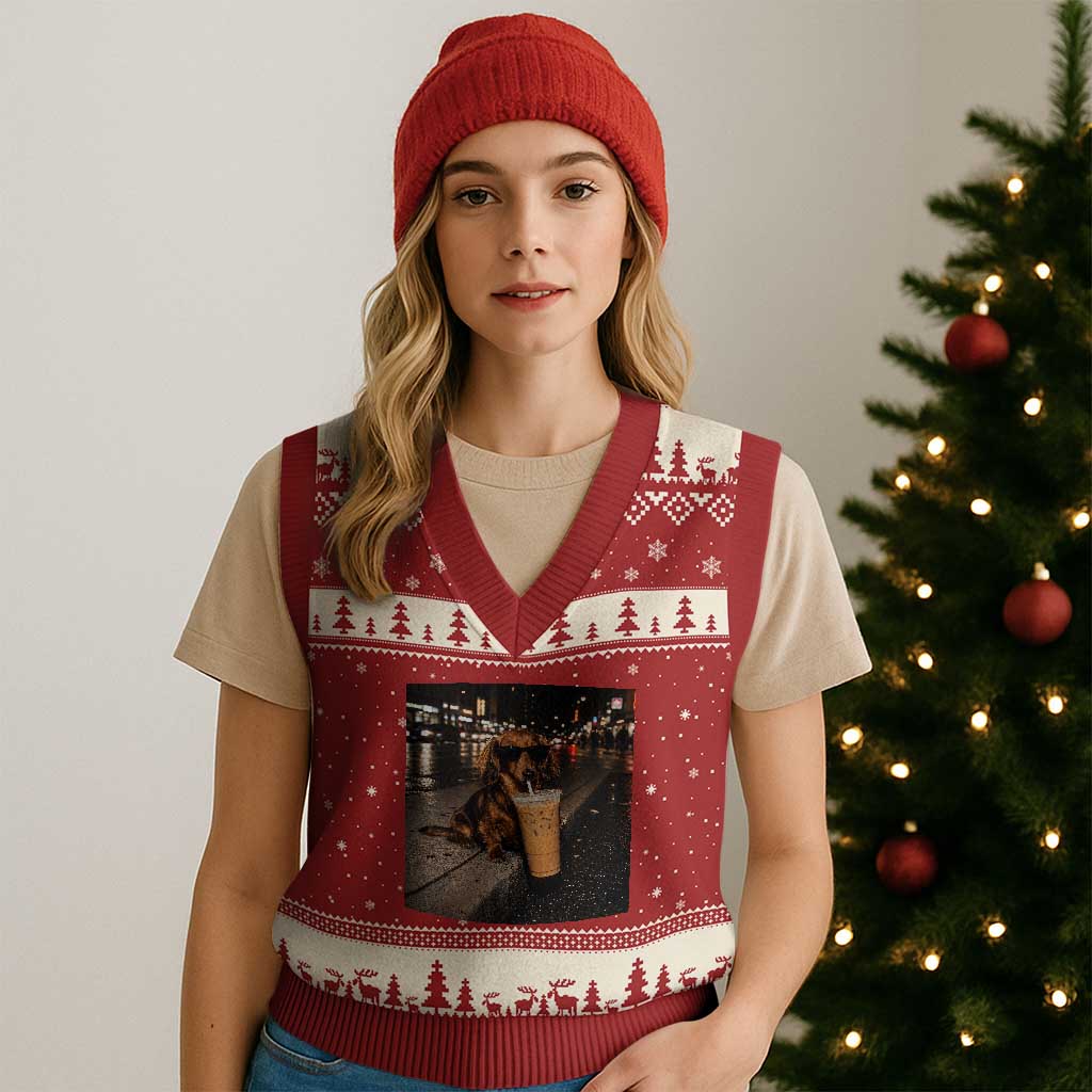Dachshund Iced Coffee V-Neck Knit Sweater Vest Grunge Meme Graphic Funny Weiner Dog Lovers Dad
