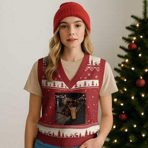 Dachshund Iced Coffee V-Neck Knit Sweater Vest Grunge Meme Graphic Funny Weiner Dog Lovers Dad