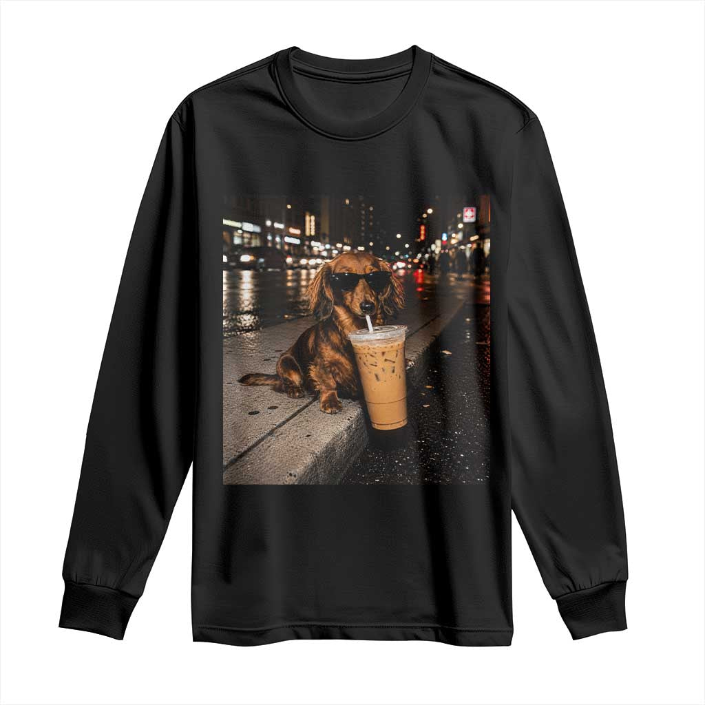 Dachshund Iced Coffee Long Sleeve Shirt Grunge Meme Graphic Funny Weiner Dog Lovers Dad