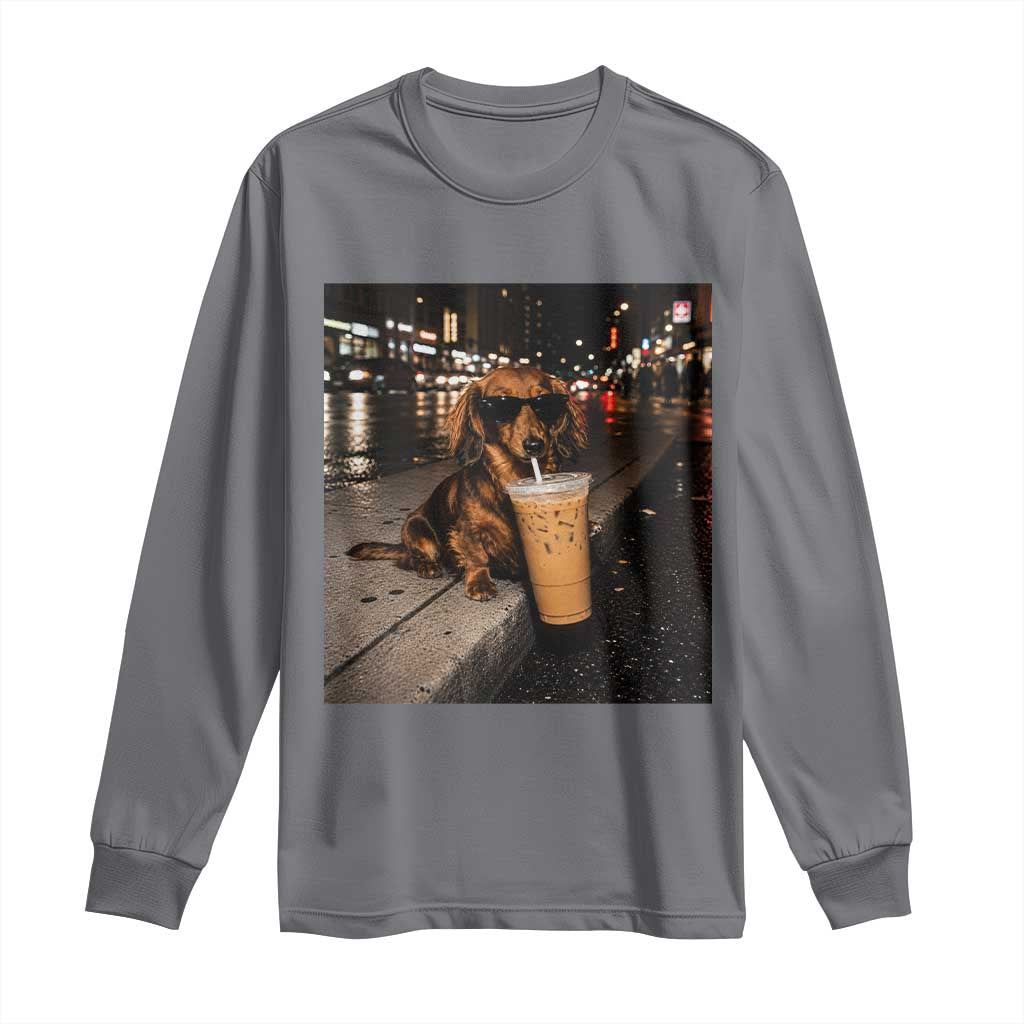 Dachshund Iced Coffee Long Sleeve Shirt Grunge Meme Graphic Funny Weiner Dog Lovers Dad
