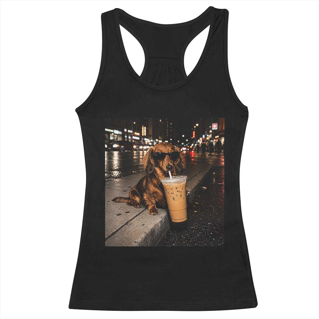 Dachshund Iced Coffee Racerback Tank Top Grunge Meme Graphic Funny Weiner Dog Lovers Dad TS10 Black Print Your Wear