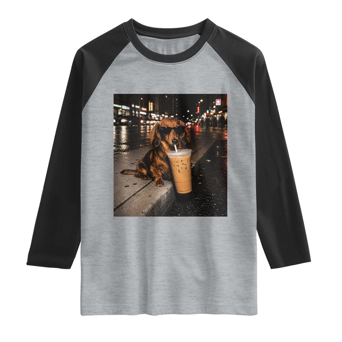 Dachshund Iced Coffee Raglan Shirt Grunge Meme Graphic Funny Weiner Dog Lovers Dad