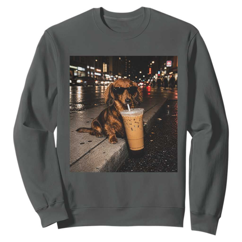 Dachshund Iced Coffee Sweatshirt Grunge Meme Graphic Funny Weiner Dog Lovers Dad