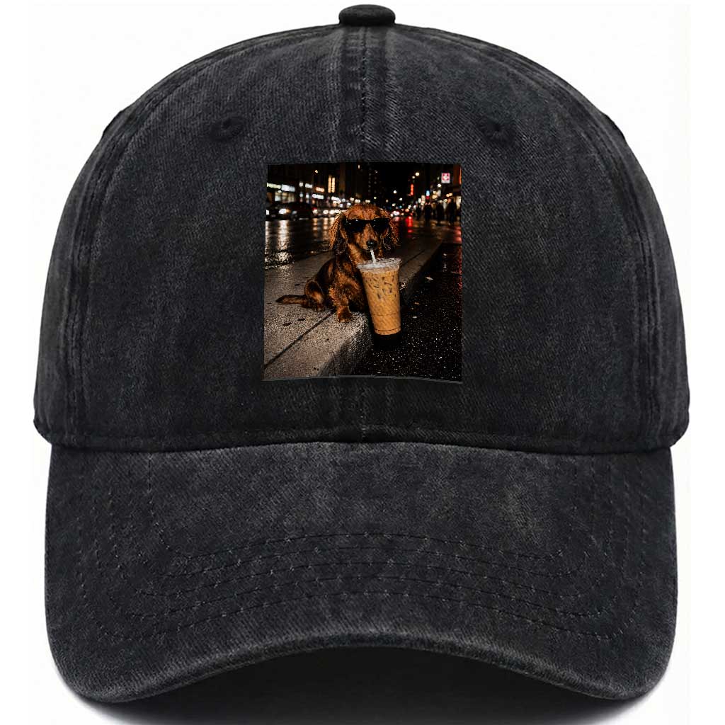 Dachshund Iced Coffee Washed Cotton Baseball Cap Grunge Meme Graphic Funny Weiner Dog Lovers Dad