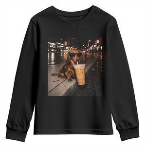 Dachshund Iced Coffee Youth Sweatshirt Grunge Meme Graphic Funny Weiner Dog Lovers Dad