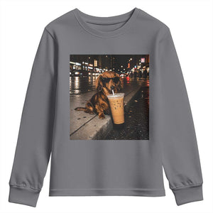Dachshund Iced Coffee Youth Sweatshirt Grunge Meme Graphic Funny Weiner Dog Lovers Dad