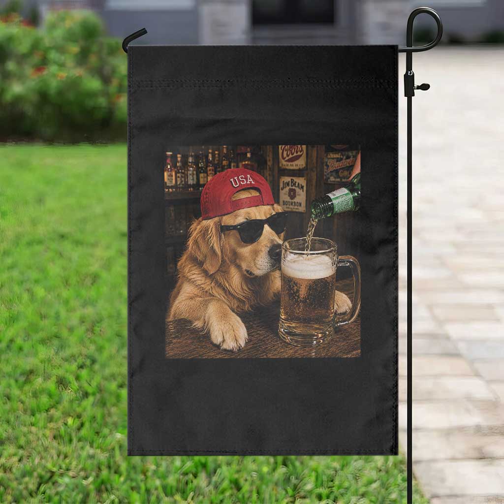 Funny Golden Retriever Drinking Beer Garden Flag Silly Dog Meme Graphic Sarcastic Gift
