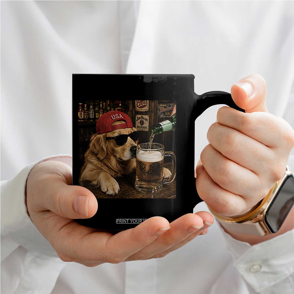 Funny Golden Retriever Drinking Beer Coffee Mug Silly Dog Meme Graphic Sarcastic Gift
