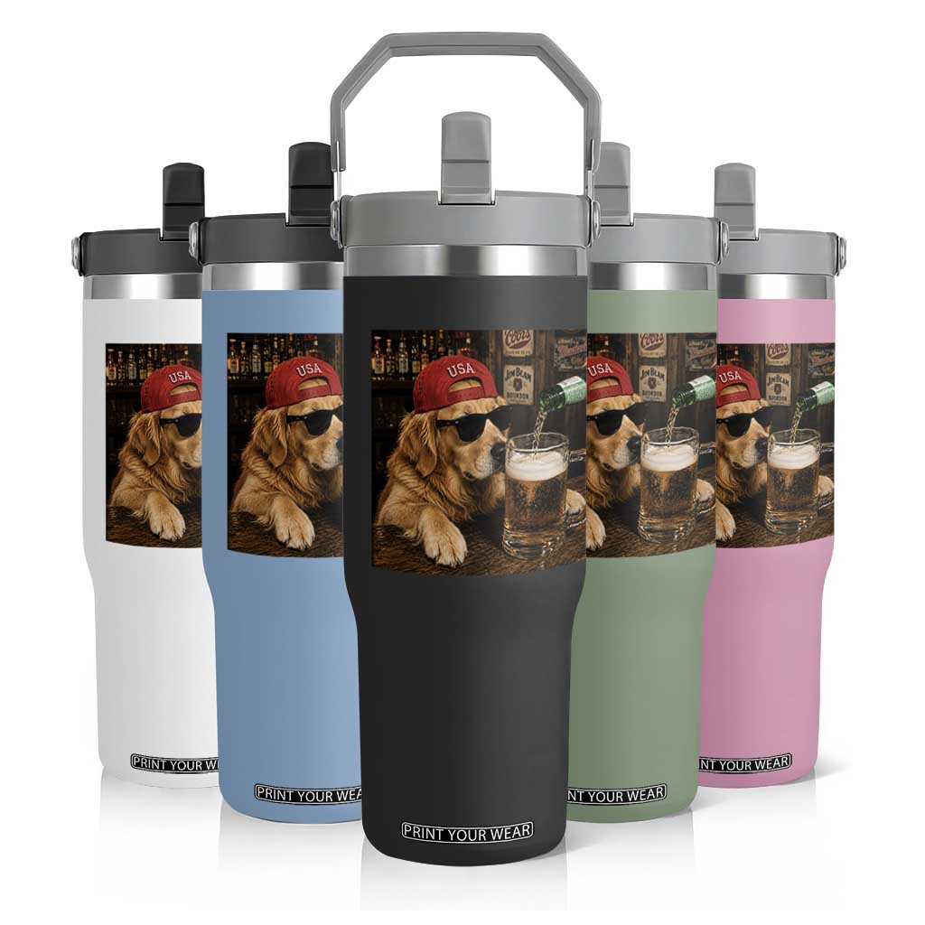 Funny Golden Retriever Drinking Beer Flip Straw Tumbler Silly Dog Meme Graphic Sarcastic Gift