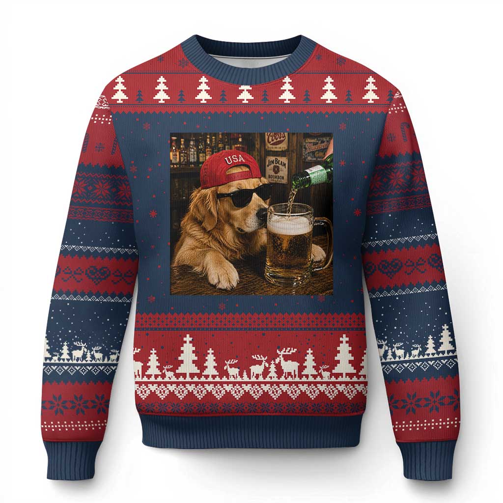Funny Golden Retriever Drinking Beer Ugly Christmas Sweater Silly Dog Meme Graphic Sarcastic Gift TS10 Navy Red Print Your Wear