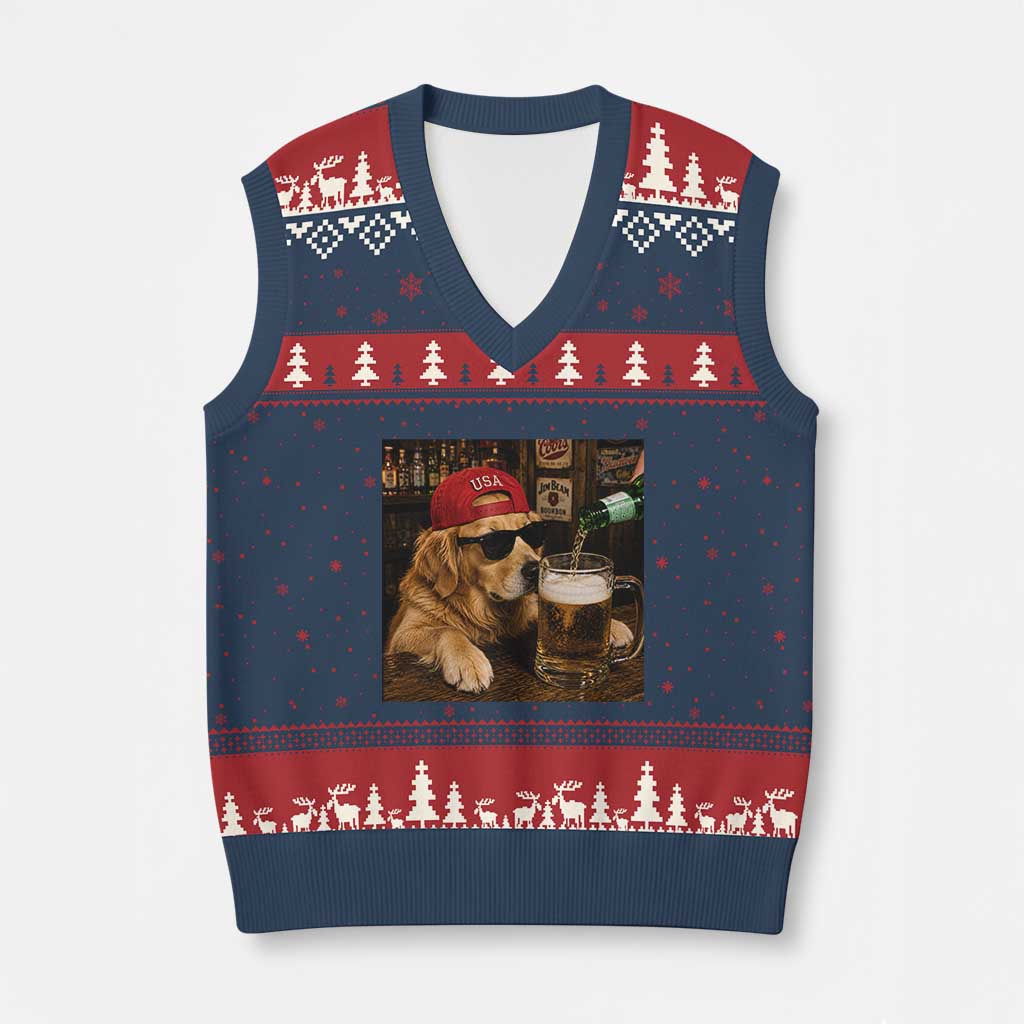 Funny Golden Retriever Drinking Beer V-Neck Knit Sweater Vest Silly Dog Meme Graphic Sarcastic Gift