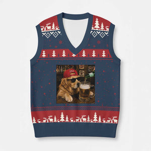 Funny Golden Retriever Drinking Beer V-Neck Knit Sweater Vest Silly Dog Meme Graphic Sarcastic Gift