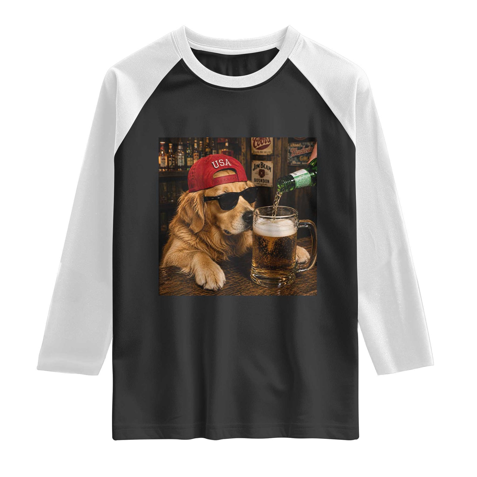 Funny Golden Retriever Drinking Beer Raglan Shirt Silly Dog Meme Graphic Sarcastic Gift TS10 Black White Print Your Wear
