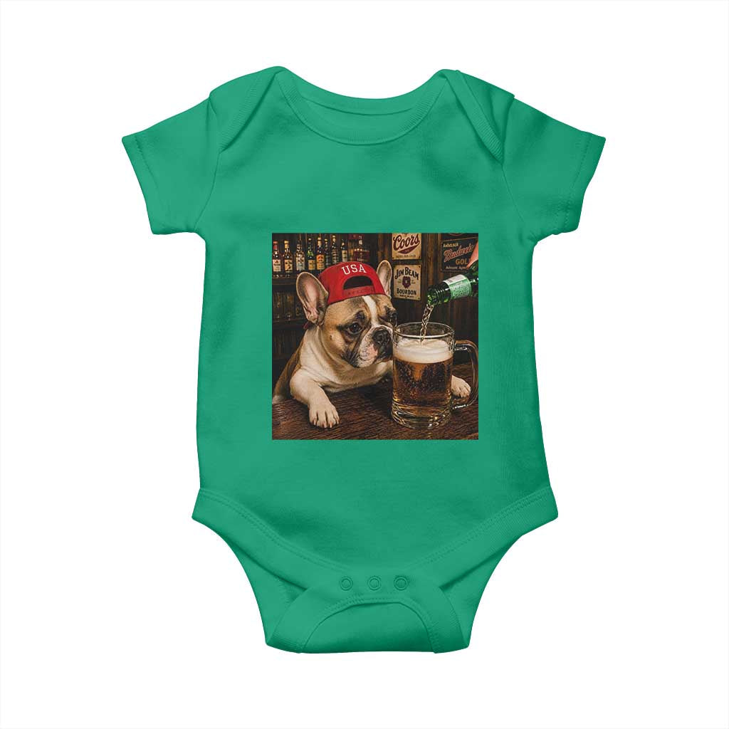 French Bulldog Drinking Beer Baby Onesie Silly Dog Meme Graphic Sarcastic Gift