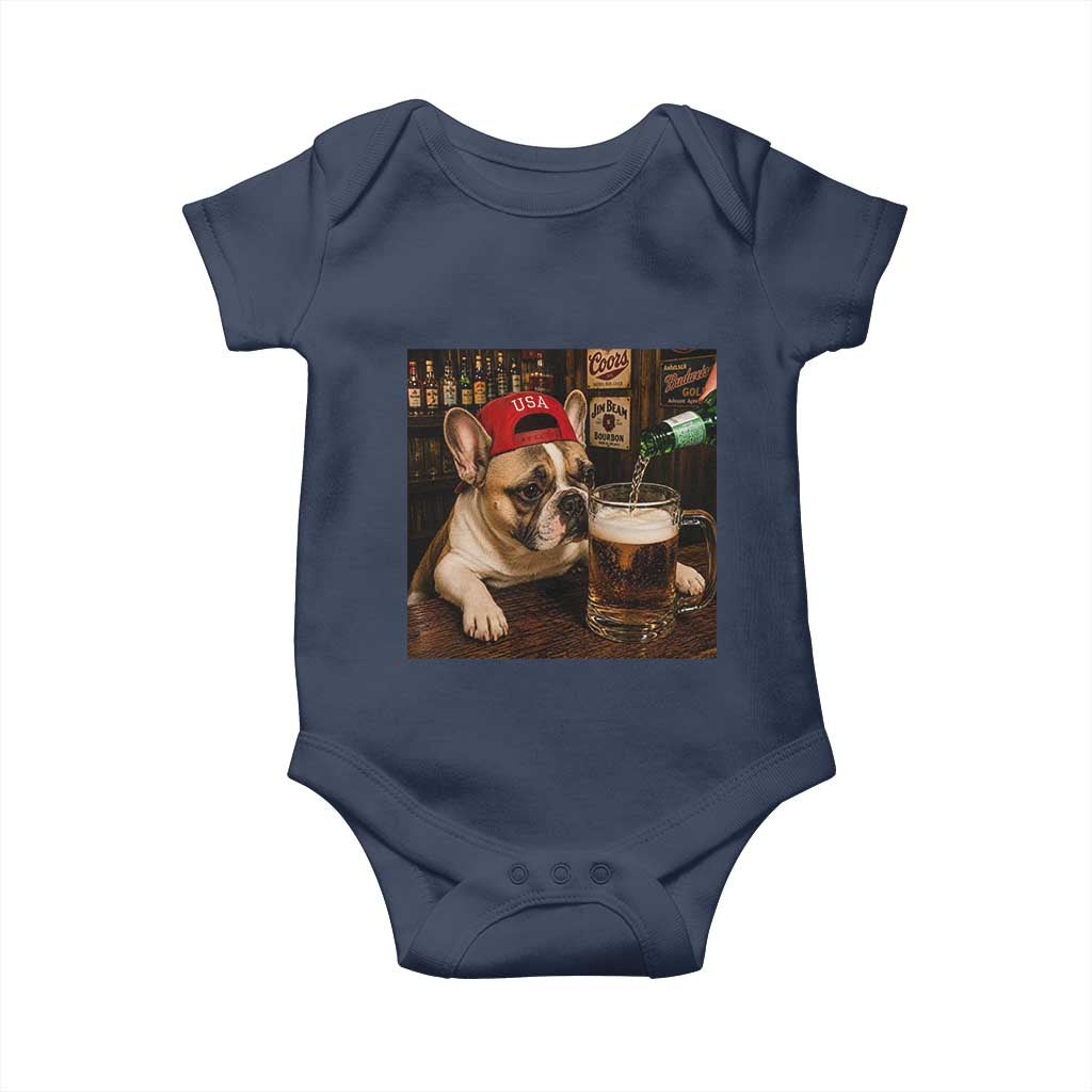 French Bulldog Drinking Beer Baby Onesie Silly Dog Meme Graphic Sarcastic Gift