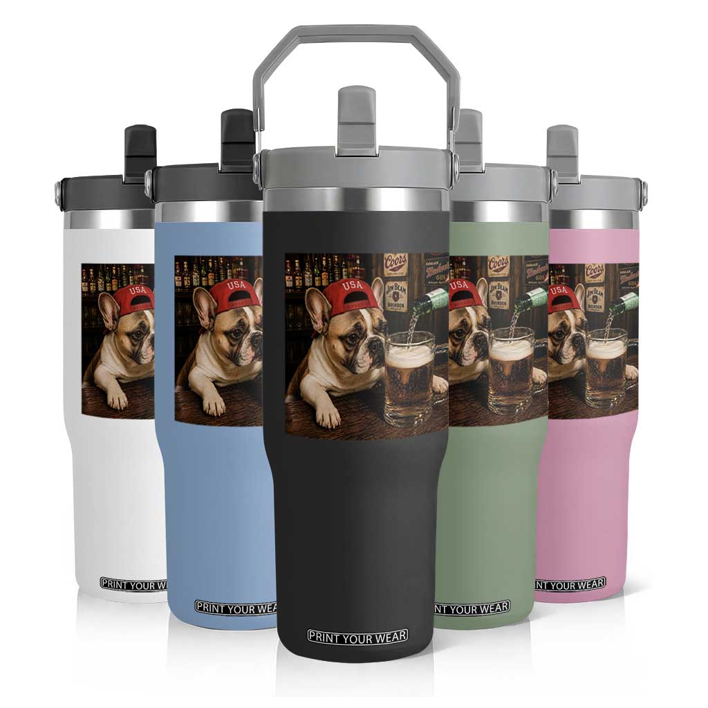 French Bulldog Drinking Beer Flip Straw Tumbler Silly Dog Meme Graphic Sarcastic Gift
