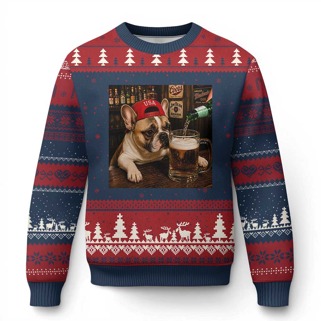 French Bulldog Drinking Beer Ugly Christmas Sweater Silly Dog Meme Graphic Sarcastic Gift