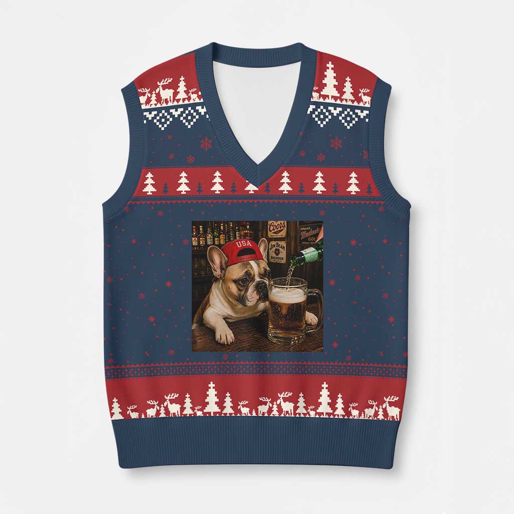 French Bulldog Drinking Beer V-Neck Knit Sweater Vest Silly Dog Meme Graphic Sarcastic Gift TS10 Navy Red Print Your Wear