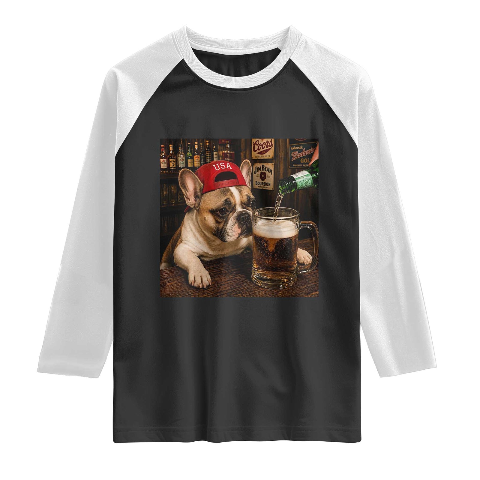 French Bulldog Drinking Beer Raglan Shirt Silly Dog Meme Graphic Sarcastic Gift TS10 Black White Print Your Wear